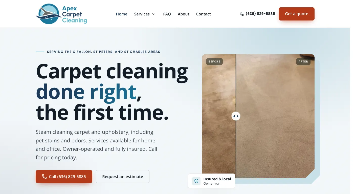 Apex Carpet Cleaning website homepage, built by Airlocked Solutions for a St. Peters, MO contractor