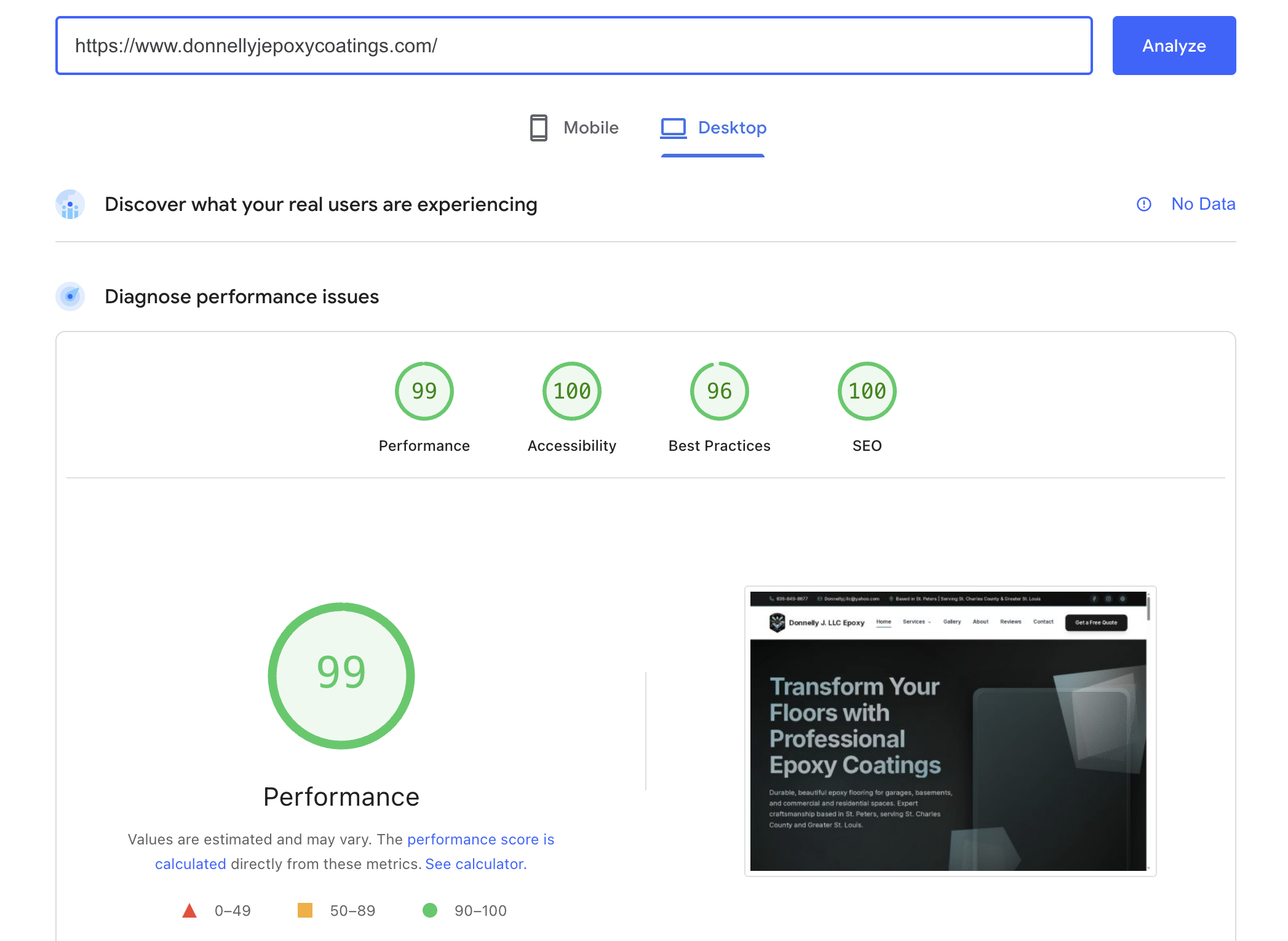 Google PageSpeed Insights score for Donnelly J. LLC Epoxy website
