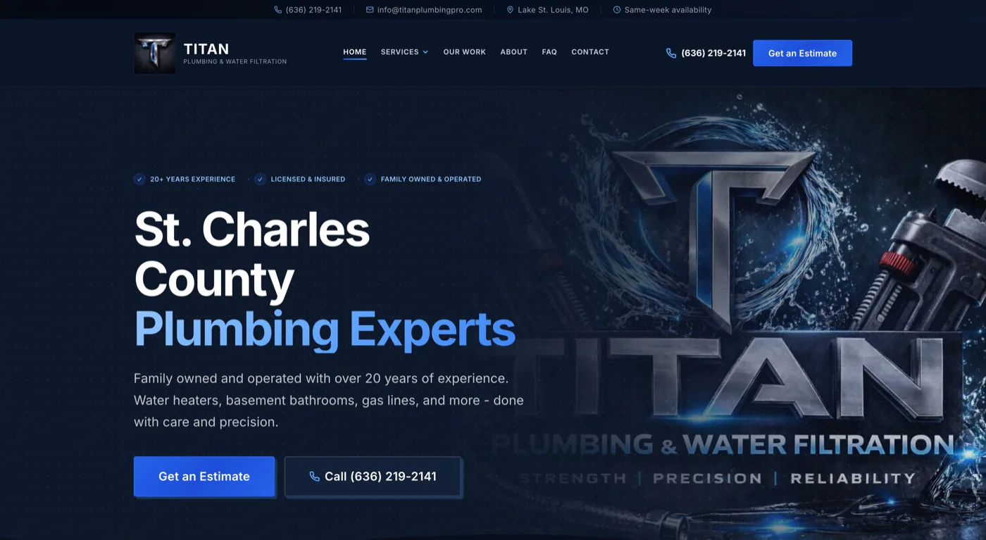 Titan Plumbing & Water Filtration website homepage