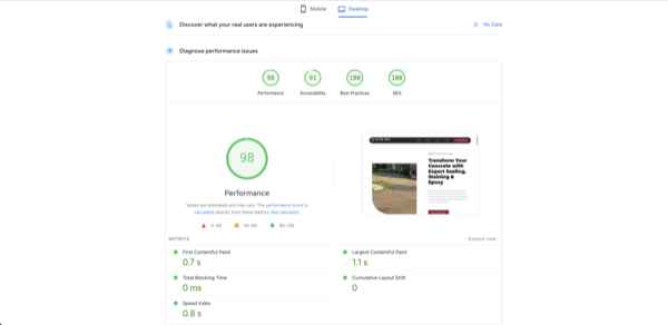 Google PageSpeed Insights showing 98/100 performance score for contractor website